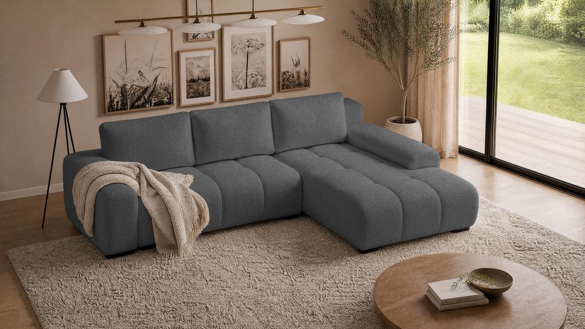 ECKSOFA Ovia mit Bettkasten und Schlaffunktion, Bouclé-Stoff in L-Form - Dunkelgrau, Textil (270/185cm)