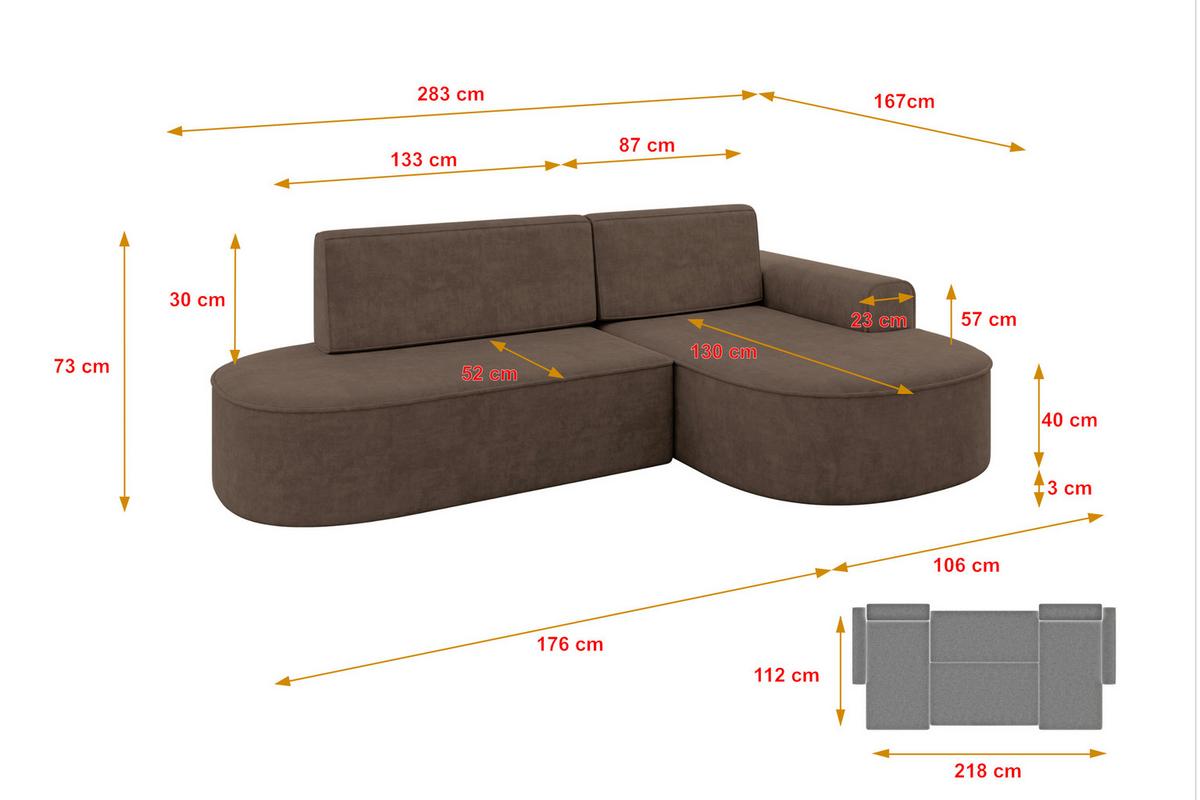 ECKSOFA mit Schlaffunktion und Bettkasten Ottomane Rechts MARI-L1-S - 283x167x73 cm Braun Velours - Schwarz/Bronzefarben, Holzwerkstoff/Kunststoff (167/283cm) - ALTDECOR