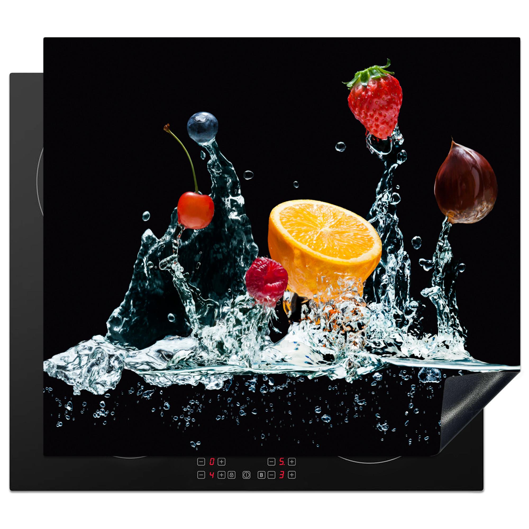 HERDABDECKPLATTE Wasser - Obst - Orange - Erdbeere - Kirsche - Schwarz Herdabdeckung Induktionsfeld 60x52 cm - Orange, Kunststoff (60/52/0.2cm) - MuchoWow