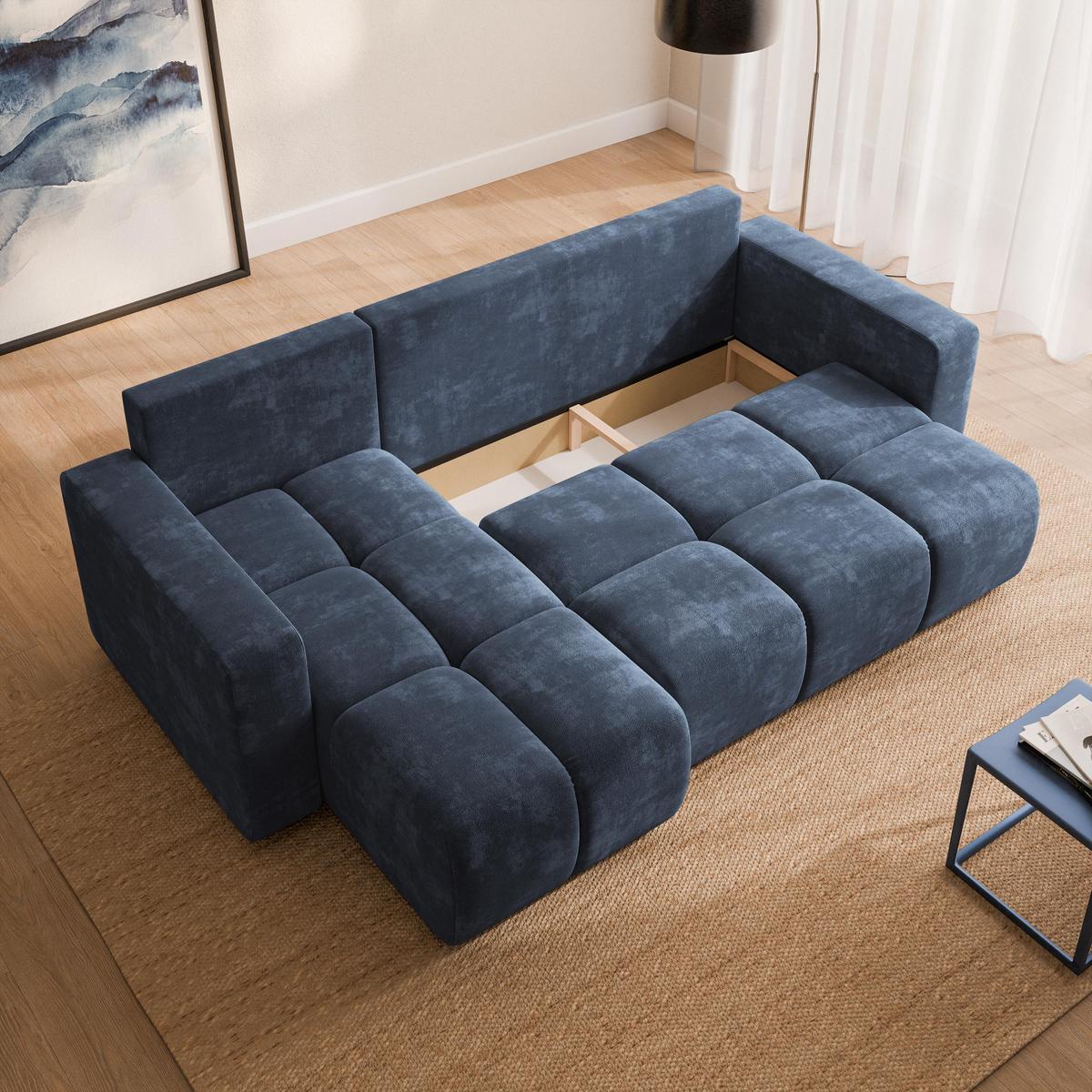 ECKSOFA RAMIL Blau Chenille mit Schlaffunktion - Blau, Holz (240/149cm) - MASSENO