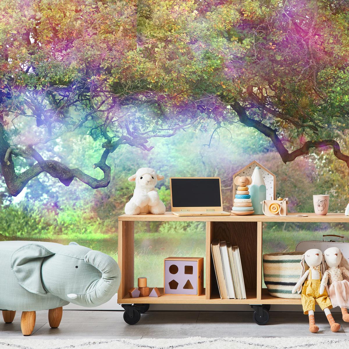 FOTOTAPETE für Kinderzimmer Magischer Bunter Wald Bäume Sträucher Blätter Pflanzen 100x70 - Gelb/Rot, Papier (100/70cm) - Muralo