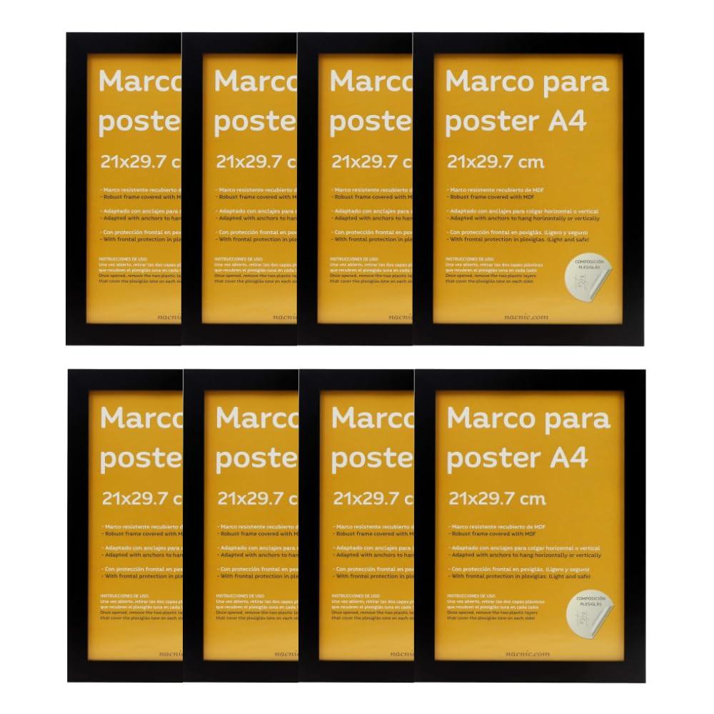 RAHMEN Set mit 8 aus MDF und Acrylglas Schutz und Aussteller für Fotografien, Bilder, Poster, Gemälde, Dekoration für Haus Farbe Schwarz A4 - Schwarz, Holz (21/3cm) - Nacnic