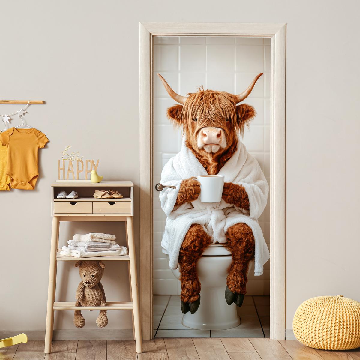 TÜRAUFKLEBER Schottischer Highlander - WC - Bademantel - Modern - Tiere 85x215 cm - Türtapete - Kastanienfarben, Kunststoff (85/0.1cm) - MuchoWow