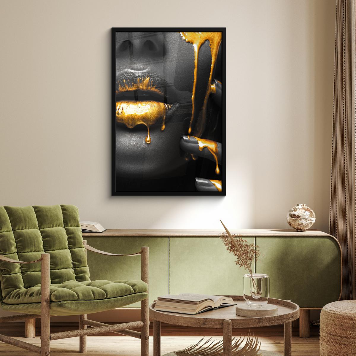 POSTER MIT RAHMENGERAHMTES BILD Frau - Schwarz - Gold - Gesicht - Lippen 60x90 cm - Goldfarben, Papier (60/90cm) - MuchoWow