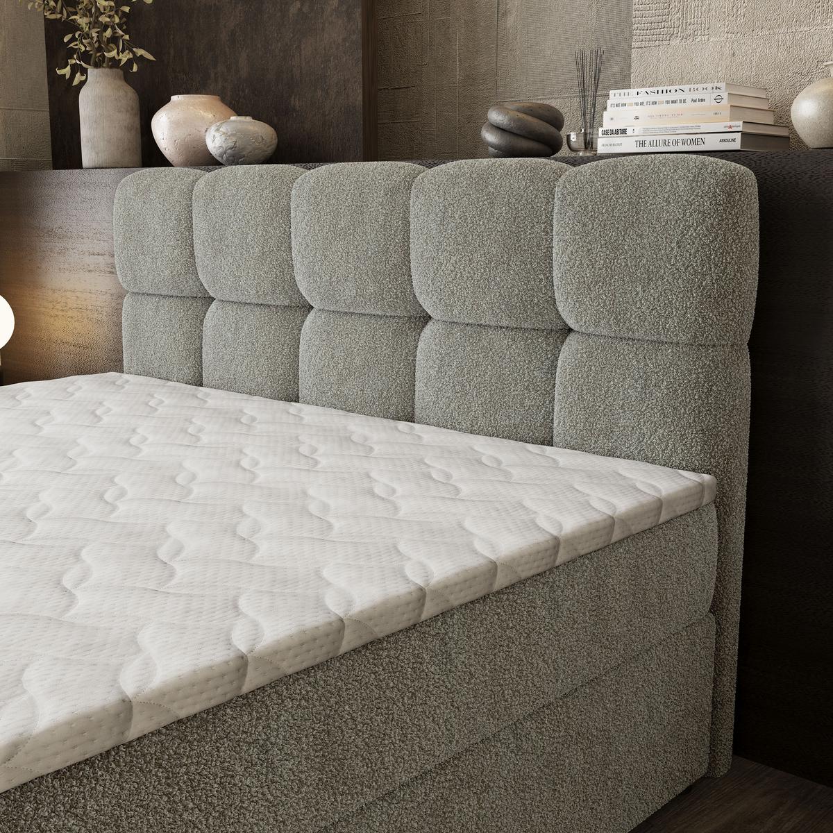 BOXBETT BRUME 180x200 cm mit Matratze und Topper, H2+H3 - Hellgrau - Hellgrau, Holz (180/200cm) - MASSENO
