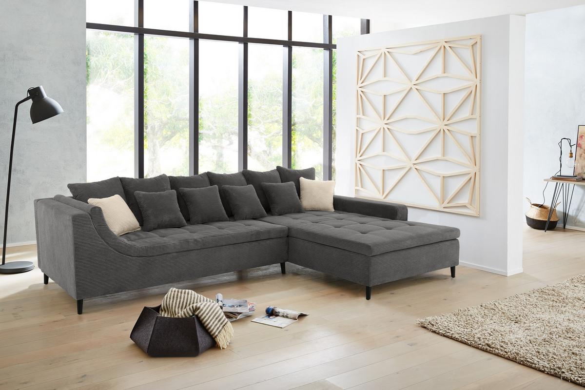 ECKSOFA mit dekorativen Steppungen und Rutschenlehne, seitenverkehrt montierbar B326/T213/H91 cm, Cord Dunkelgrau / 15222 - Dunkelgrau/Anthrazit, Textil/Metall (326/213cm) - luma-home