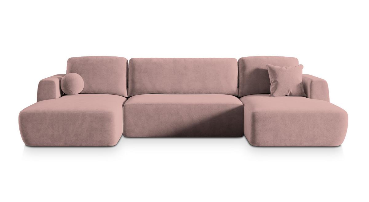 WOHNLANDSCHAFT SENTUM K Rosa Plüsch-Stoff mit Schlaffunktion - Schwarz/Rosa, Holz/Kunststoff (330/90/148cm) - MASSENO