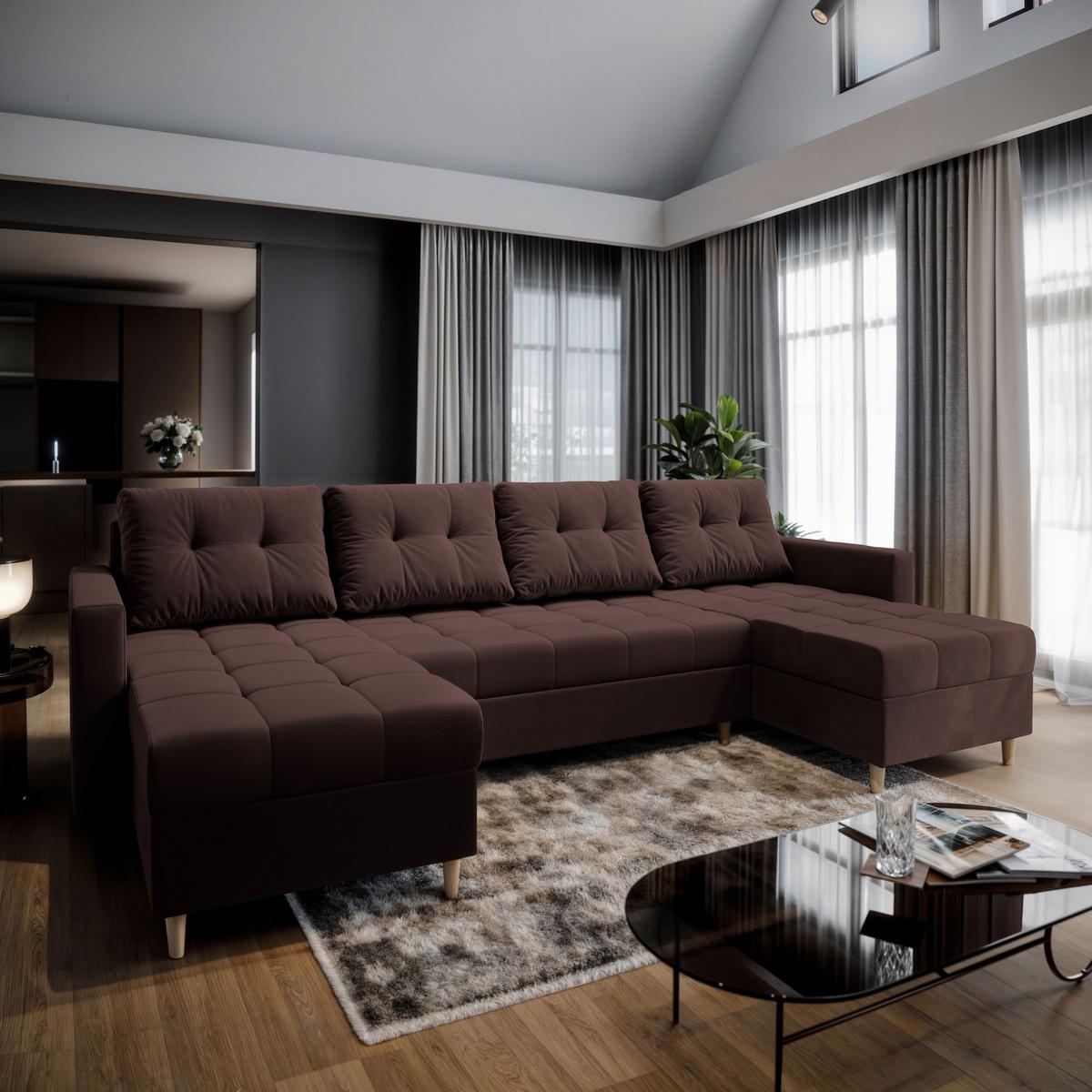 WOHNLANDSCHAFT MILO U Braun Plüsch-Stoff mit Schlaffunktion - Braun, Holz/Textil (285/91/140cm) - MASSENO