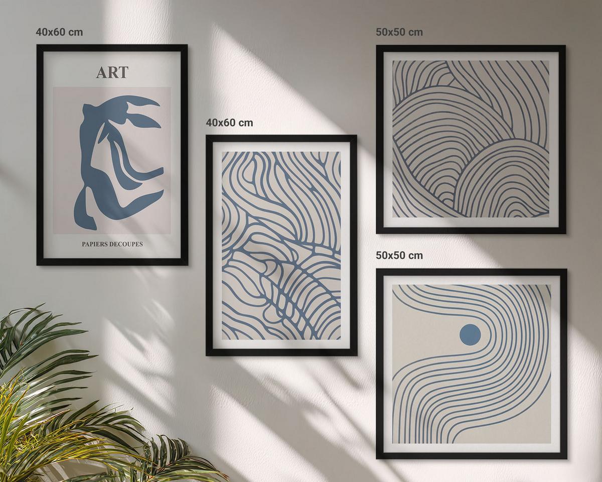 BILDER SET 4er Set - 50x50 cm & 40x60 cm Schwarzer Rahmen - Abstrakte blaue Linien - Schwarz, Kunststoff (50/50cm) - TULUP