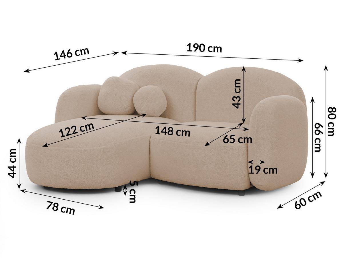 ECKSOFA Nuvola mit abgerundetem Design Hellbeige Bouclé-Stoff - Ottomane Links - Beige/Schwarz, Holz/Kunststoff (190/146cm) - S-Style Möbel