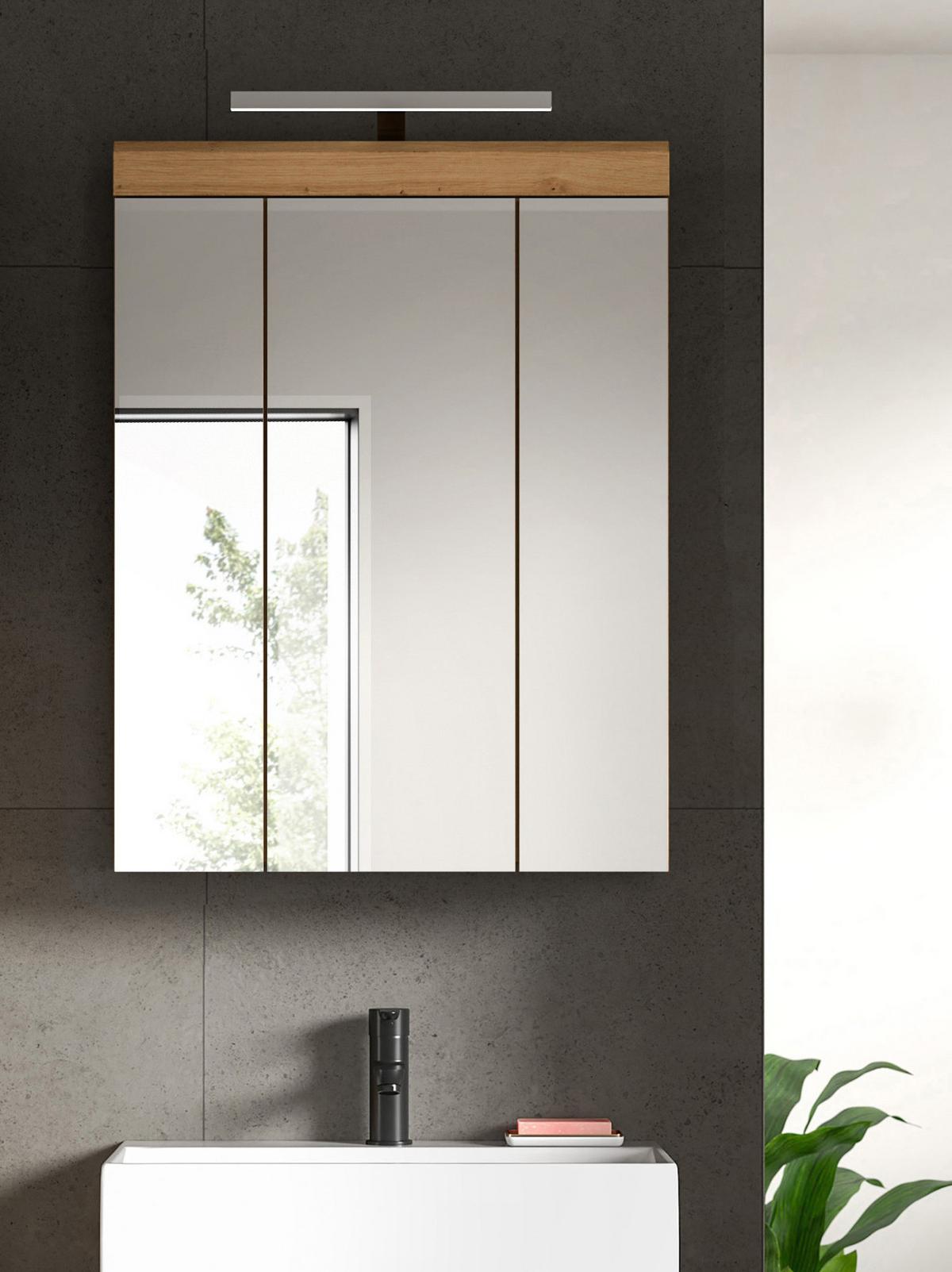 SPIEGELSCHRANK Salbei grün, Eiche Artisan 60 cm, Badschrank 3-türig - Eiche Artisan, Glas/Holzwerkstoff (60/79/18cm) - Inn.Furn