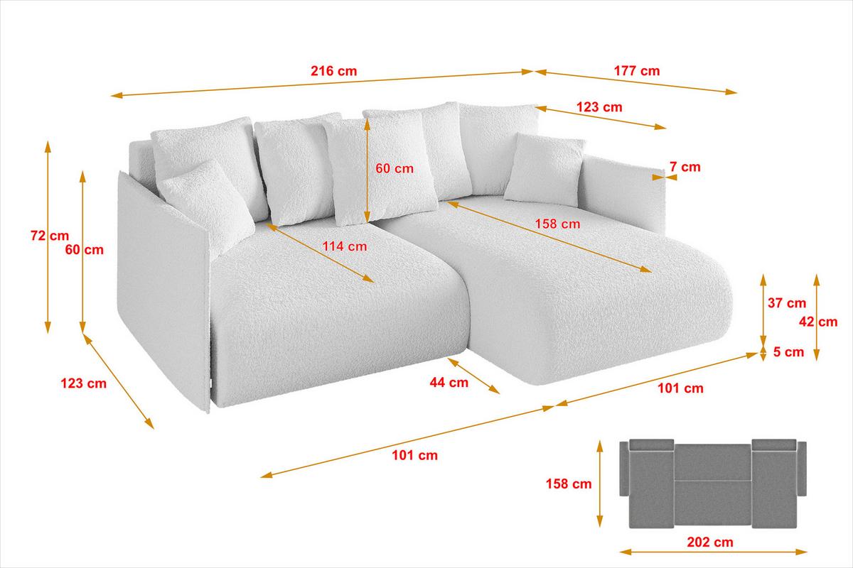 ECKSOFA Ottomane rechts ONESK-L 216x177x72 Weiß Bouclé - Weiß, Holzwerkstoff/Kunststoff (177/216cm) - ALTDECOR