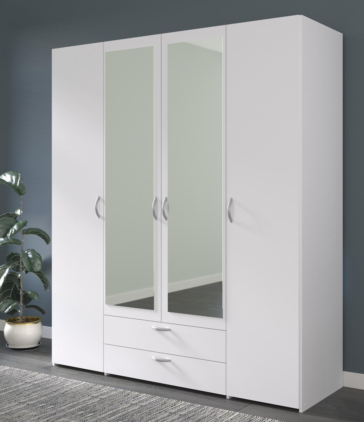 KLEIDERSCHRANK mit Spiegel weiß 160 cm Drehtürenschrank 4-türig - Silberfarben/Weiß, Holzwerkstoff/Kunststoff (160/185/185cm) - Furn.Design
