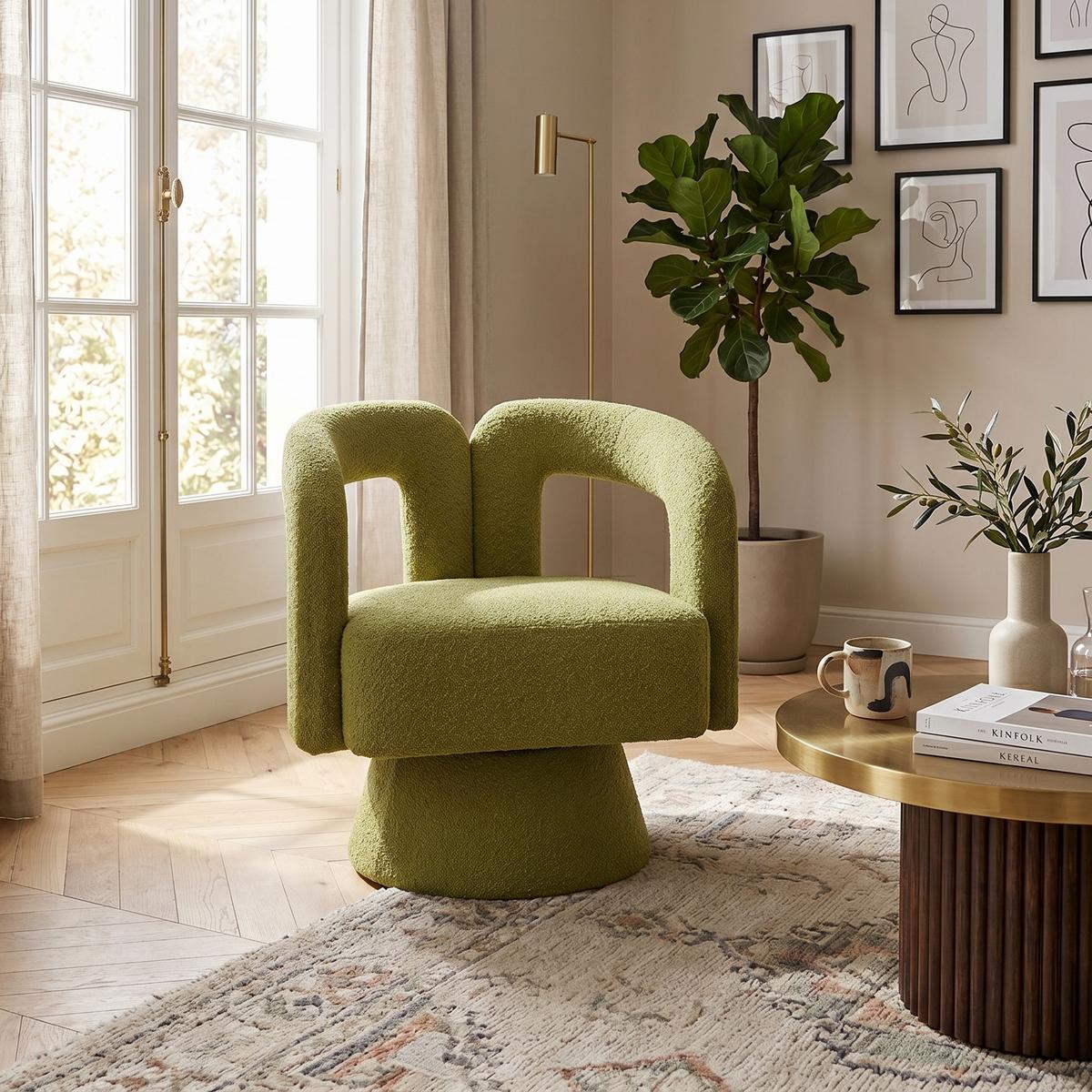 DREHSESSEL 360° Boucle Akzentstuhl Polstersessel für Wohnzimmer & Büro - Olivgrün, Textil (67/74/55cm) - Urban Meuble