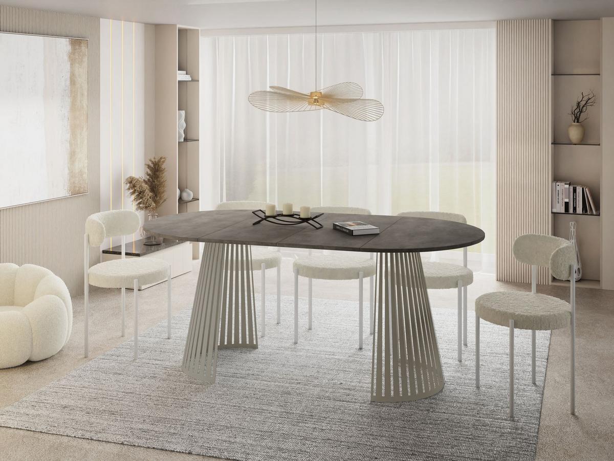 ESSTISCH Naro rund ausziehbar mit Lamellen-Metallgestell in Grau-Beige, Beton-Optik Dunkelgrau 120-200/120/76 cm - Kaschmir/Dunkelgrau, Holzwerkstoff/Metall (120/196/76cm) - WFL GROUP