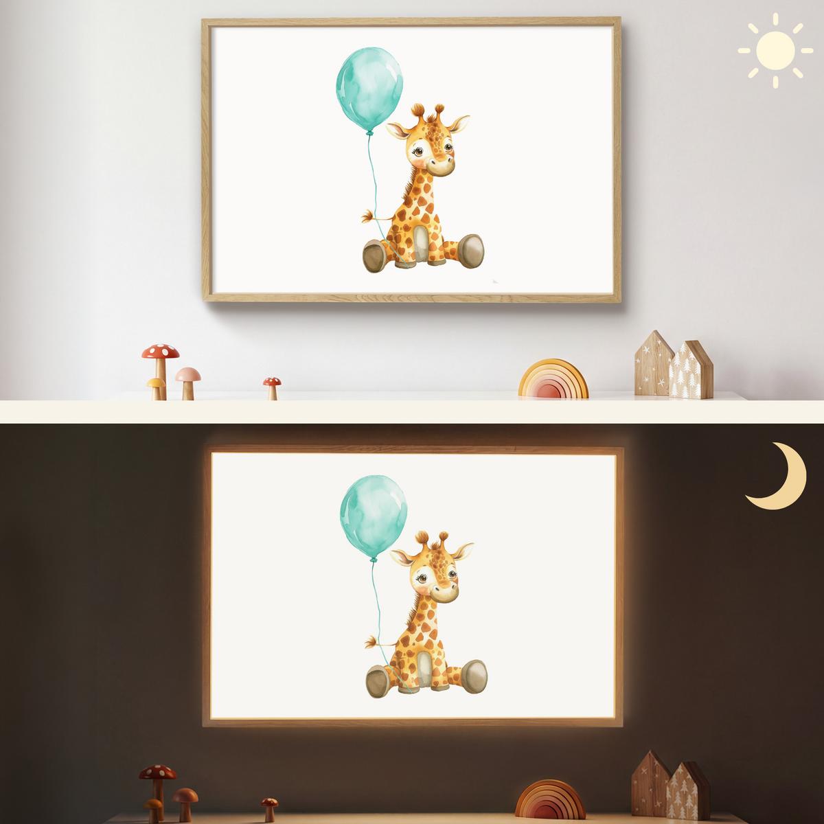 WANDLEUCHTE MIT AKKU Giraffe - Baby - Tiere - Blauer Ballon 100x70 cm - Weiß, Holzwerkstoff (100/70/8cm) - OnlyWow