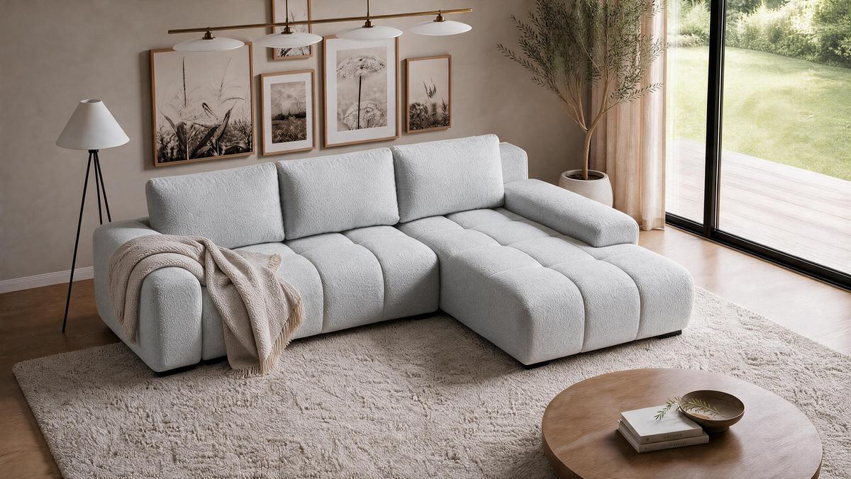 ECKSOFA Ovia mit Bettkasten und Schlaffunktion, Bouclé-Stoff in L-Form - Hellgrau, Textil (270/185cm)