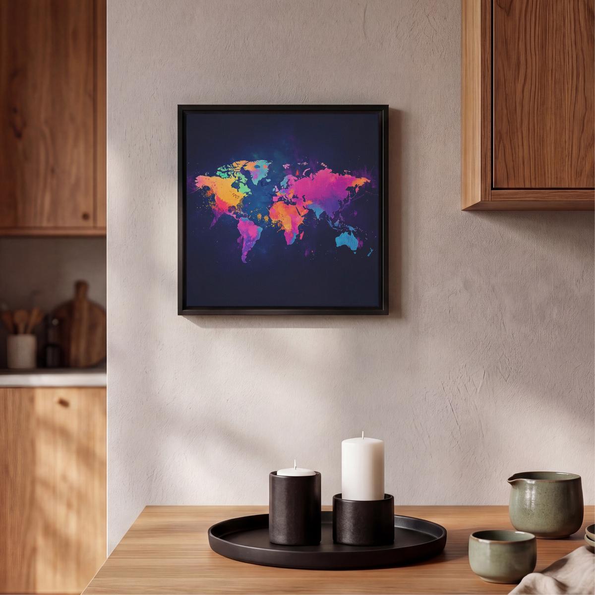 LEINWAND Bilder mit Rahmen - Weltkarte - Bunt - Graffiti - 20x20 - Multicolor, Textil (20/20cm) - MuchoWow