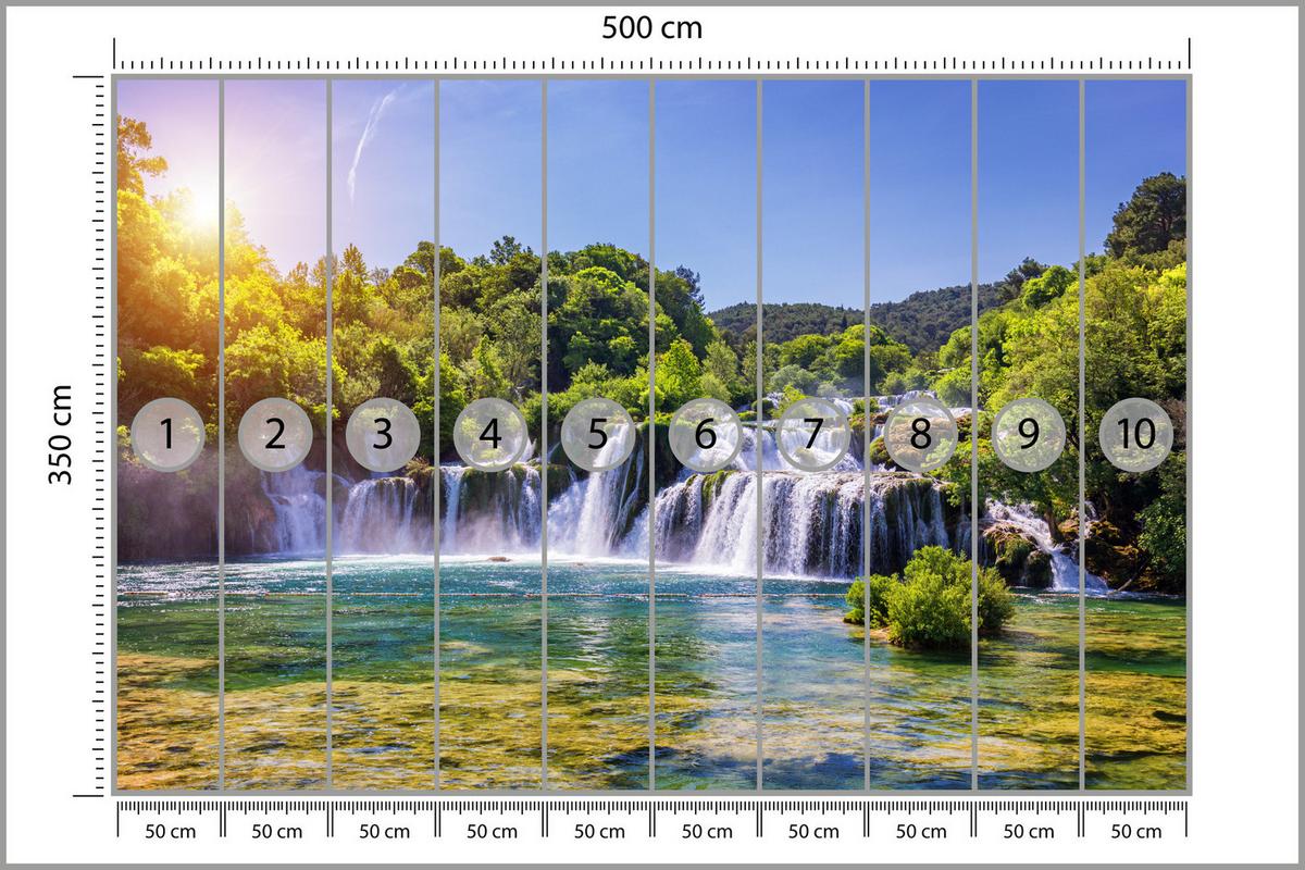 FOTOTAPETE Wasserfälle Wald Landschaft 3D 500x350 - Türkis/Blau, Papier (500/350cm) - Muralo