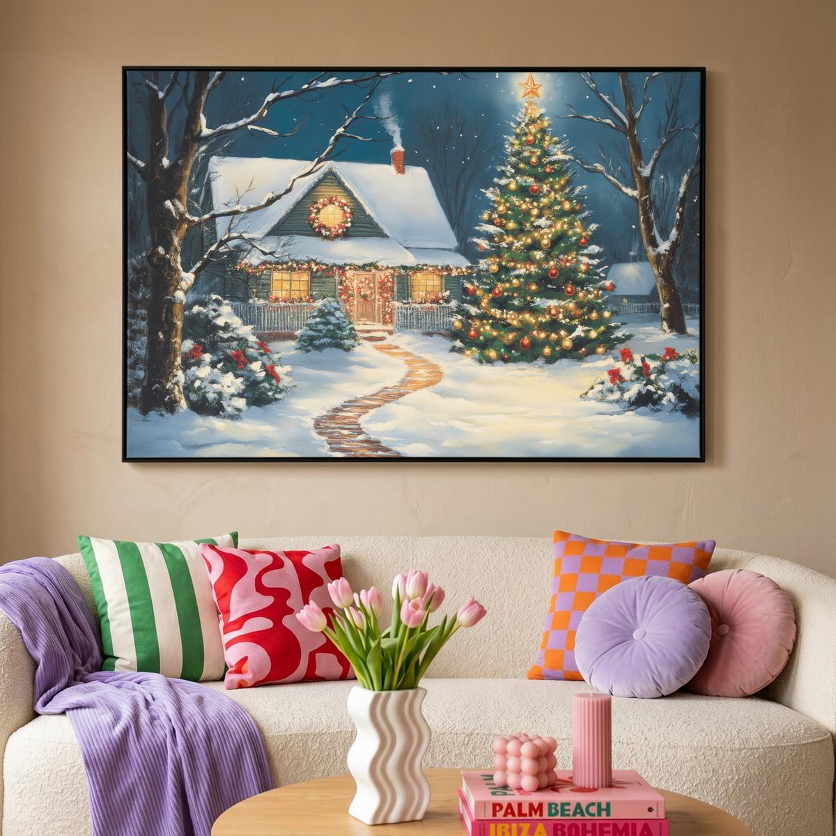 LEINWAND Bilder mit Rahmen - Weihnachten - Weihnachtsbaum - Winter - Zuhause - Schnee - 140x90 - Smaragdgrün, Textil (140/90cm) - MuchoWow