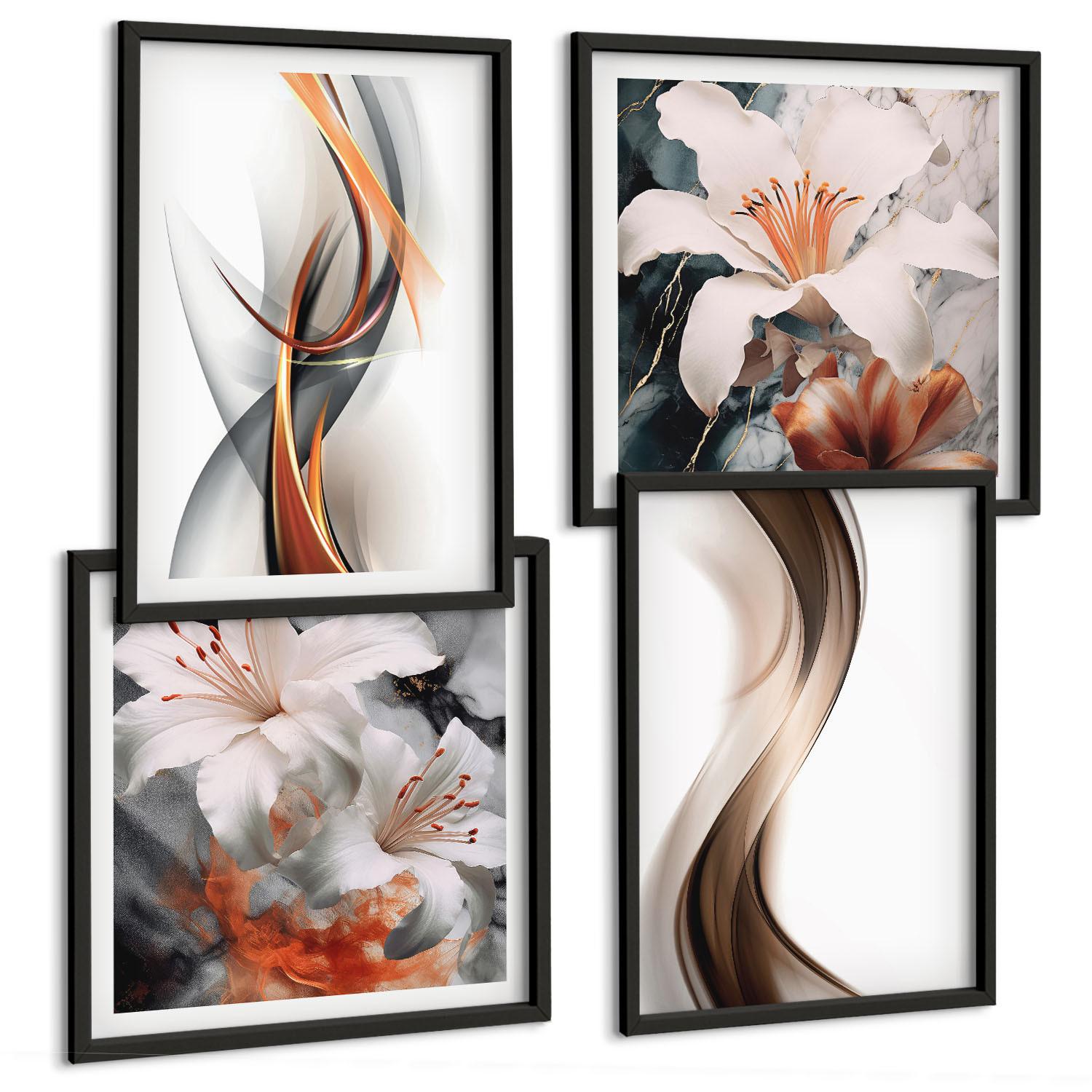 BILDER SET 4er Set - 50x50 cm & 40x60 cm Schwarzer Rahmen - Gelbgrau-braune Wellen - Schwarz, Kunststoff (50/50cm) - TULUP