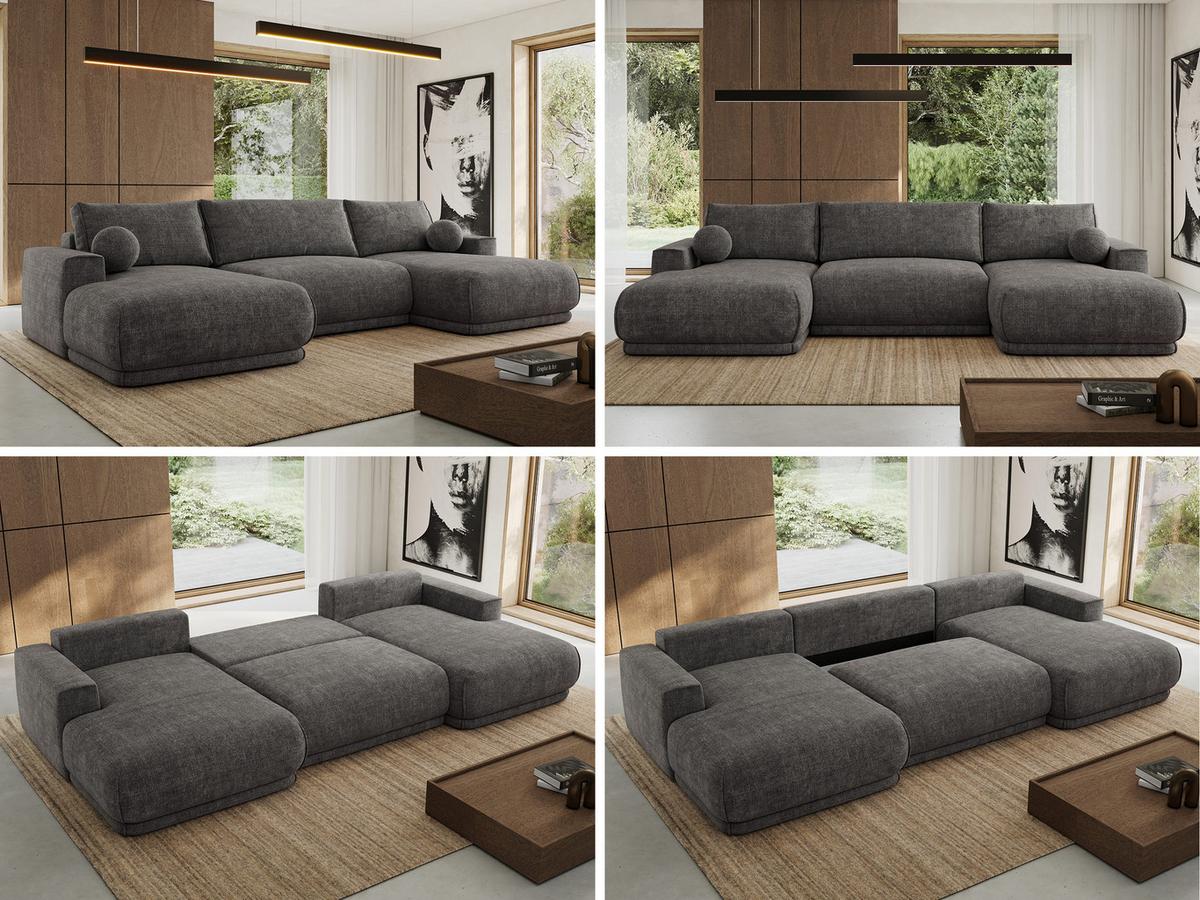 WOHNLANDSCHAFT RINA U Grau Schenille grob gewebt - Schwarz/Grau, Kunststoff/Textil (360/85/170cm) - MKS