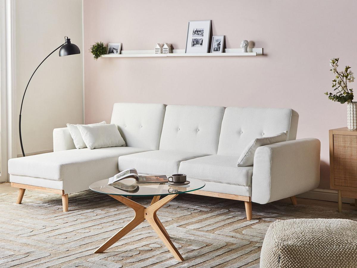 ECKSCHLAFSOFA 3-Sitzer Stoff Weiß rechtsseitig Kaarina - Hellbraun, Textil (260/152cm) - Beliani