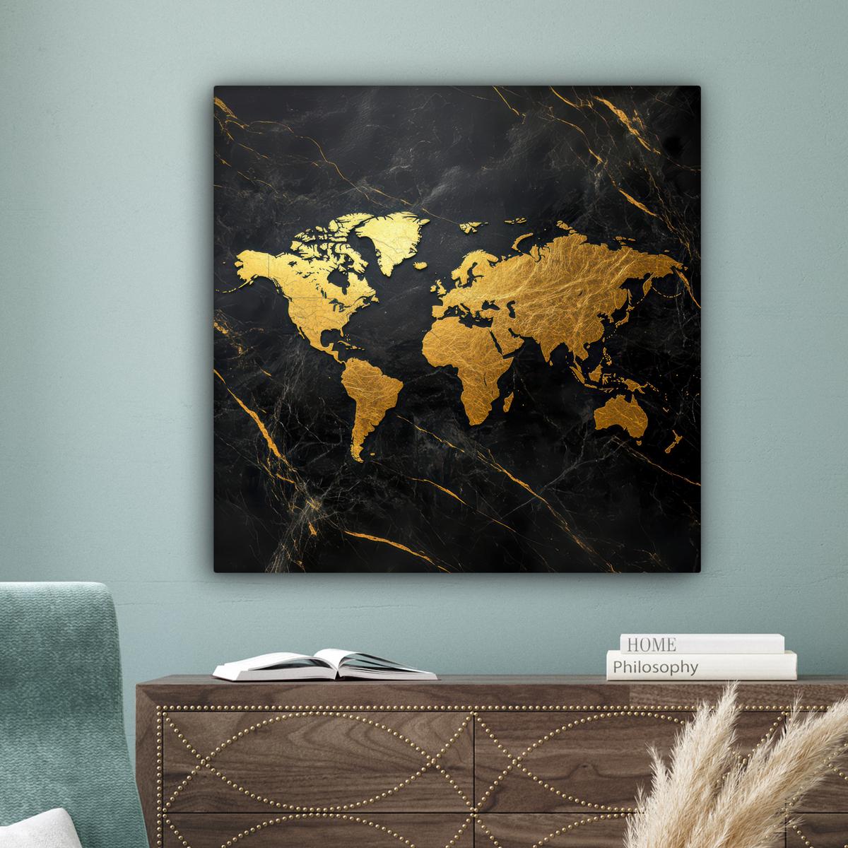 LEINWANDBILD Weltkarte - Gold - Marmor Deko Groß 90x90 cm - Goldfarben, Textil (90/90cm) - MuchoWow