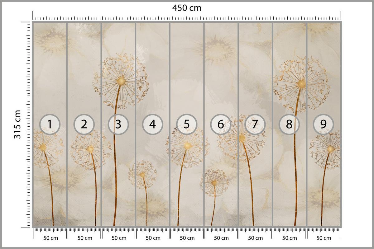 FOTOTAPETE für Schlafzimmer Goldene Löwenzahn Aquarell Blumen 450x315 - Gelb/Beige, Papier (450/315cm) - Muralo