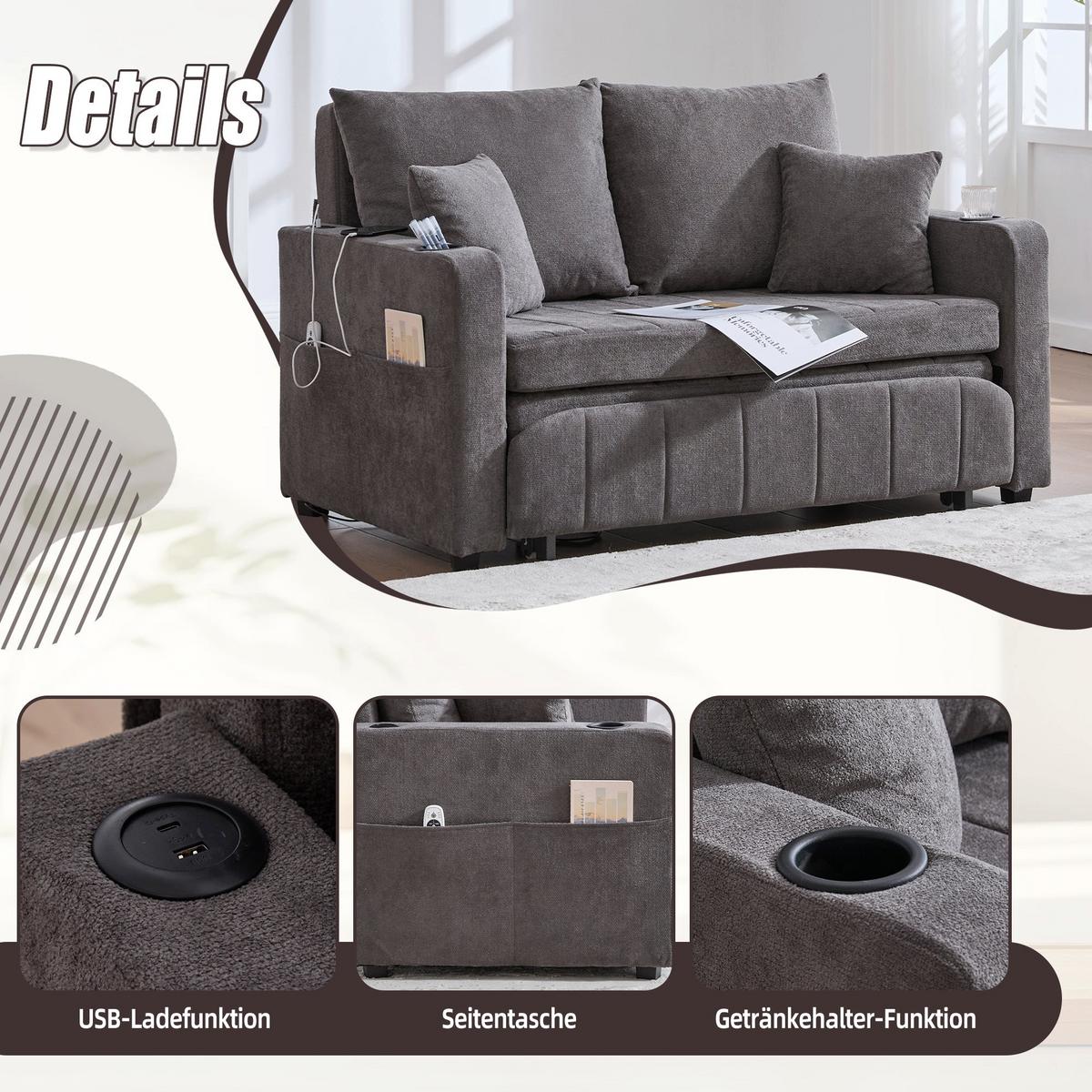 SCHLAFSOFA aus chenille mit bettfunktion, usb-anschluss & becherhaltern - Grau, Textil (139/83/73cm) - Urban Meuble