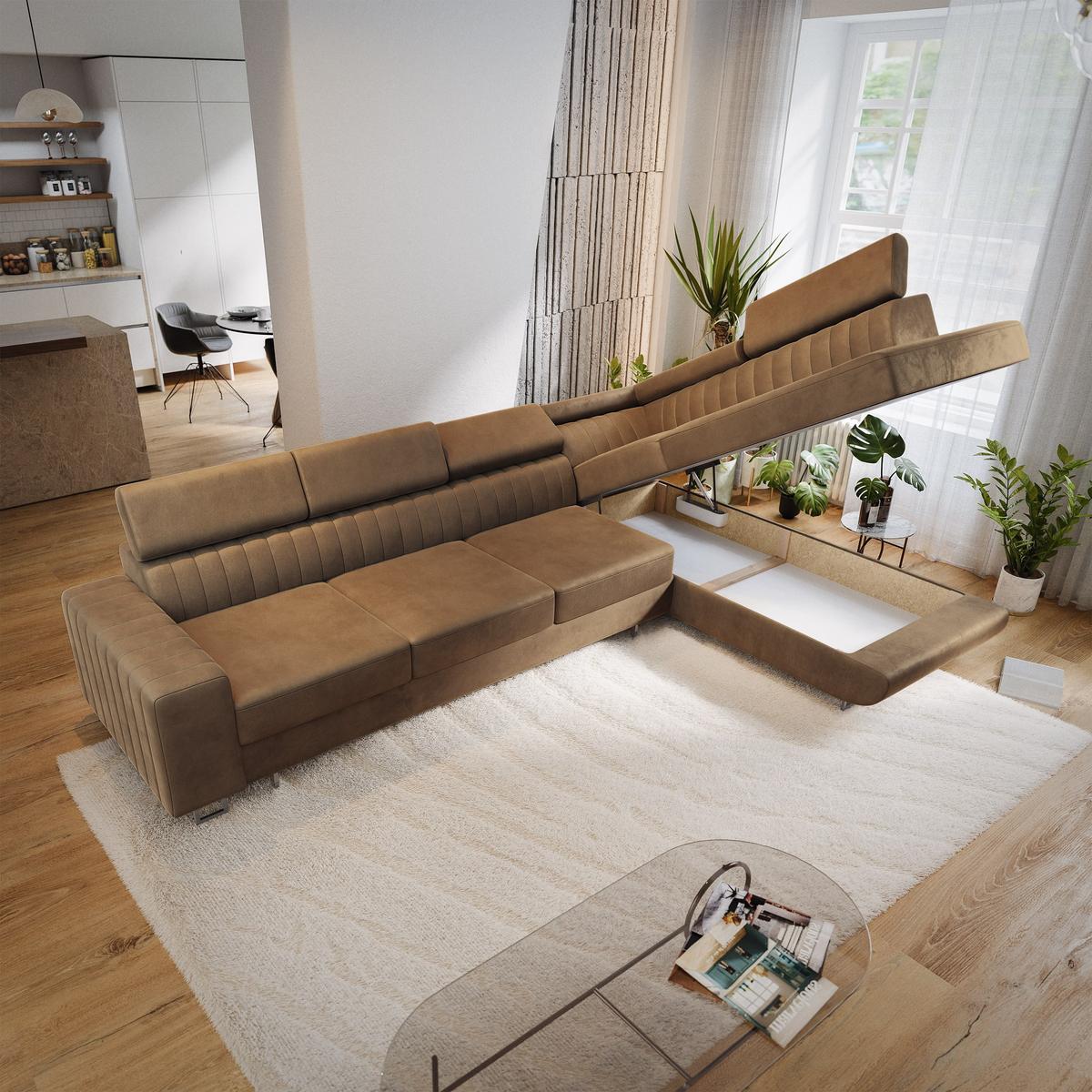 ECKSOFA HESTION Beige Velours-Stoff mit Schlaffunktion - Beige, Holz (332/190cm) - MASSENO