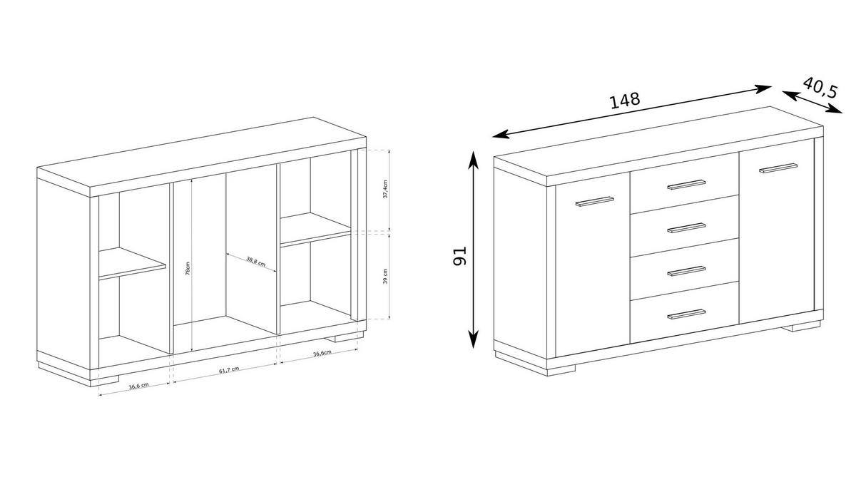 KOMMODE SALERNO 148/91/40,5cm mit 4 Schubladen 2 Türen Eichefarben - Eichefarben, Holzwerkstoff (148/91/40.5cm) - MASSENO