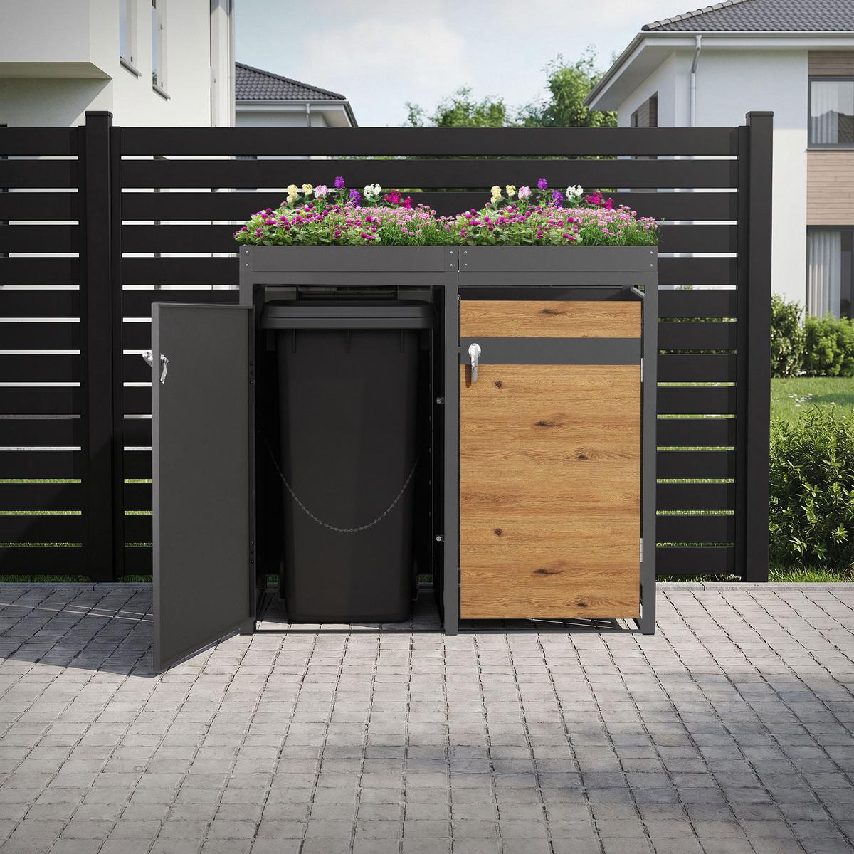 MÜLLTONNENBOX 4er mit Pflanzdach Anthrazit-Holzoptik - Braun, Metall (264/124/80cm) - ML-DESIGN