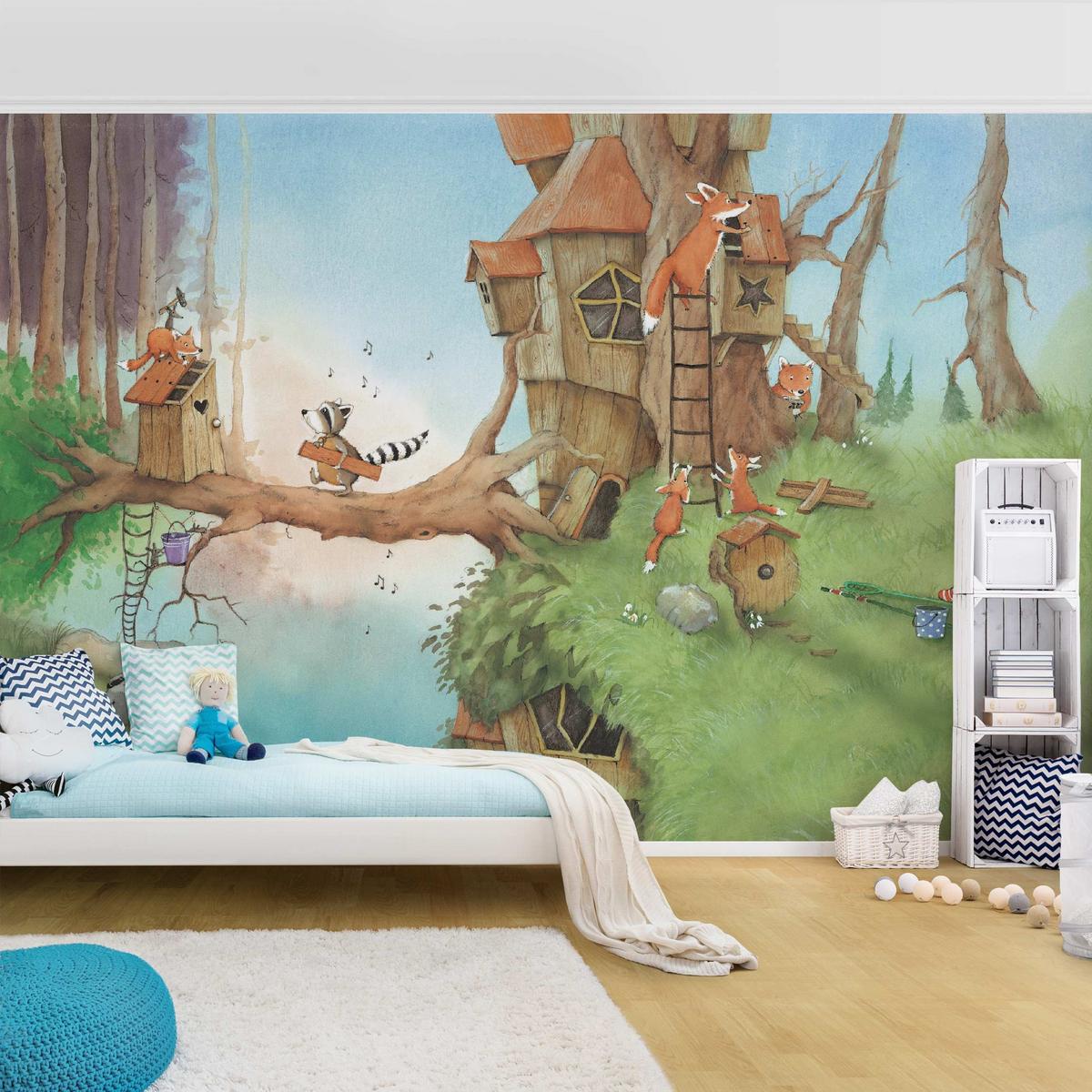 FOTOTAPETE Wassili Waschbär - Wassili und Familie Fuchs 384/255 cm - Braun, Papier (384/255cm) - Bilderwelten