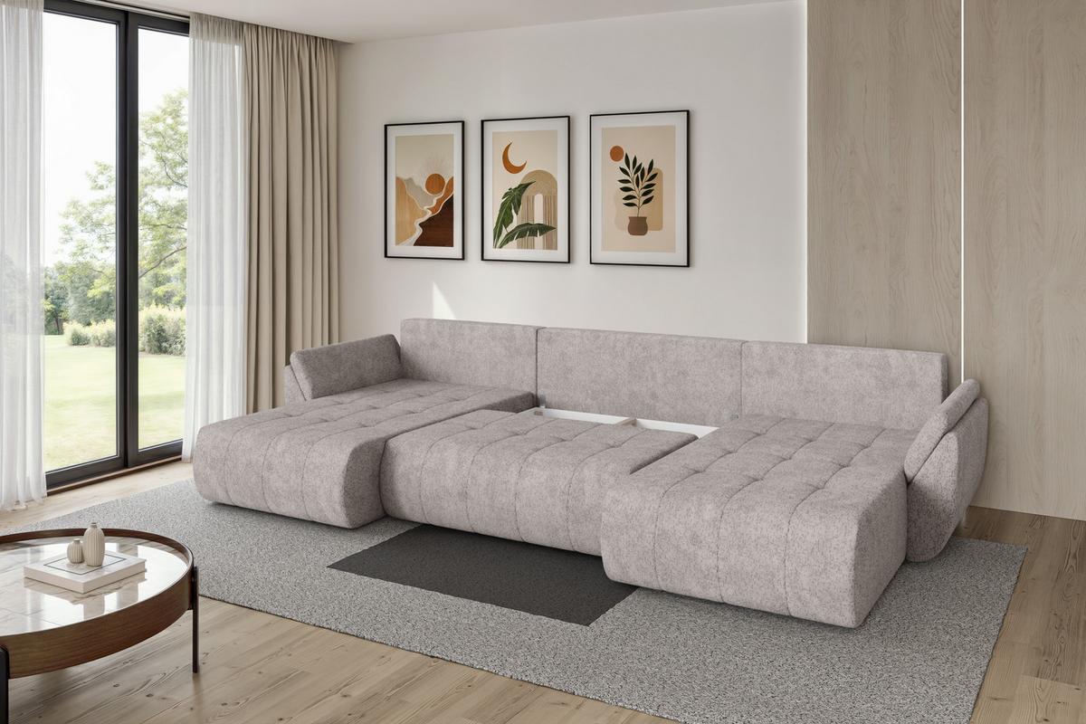 WOHNLANDSCHAFT mit Schlaffunktion und Bettkasten TOKO-U 378x194x86 Hellgrau Velours - Hellgrau/Schwarz, Holzwerkstoff/Kunststoff (378/86/194cm) - ALTDECOR