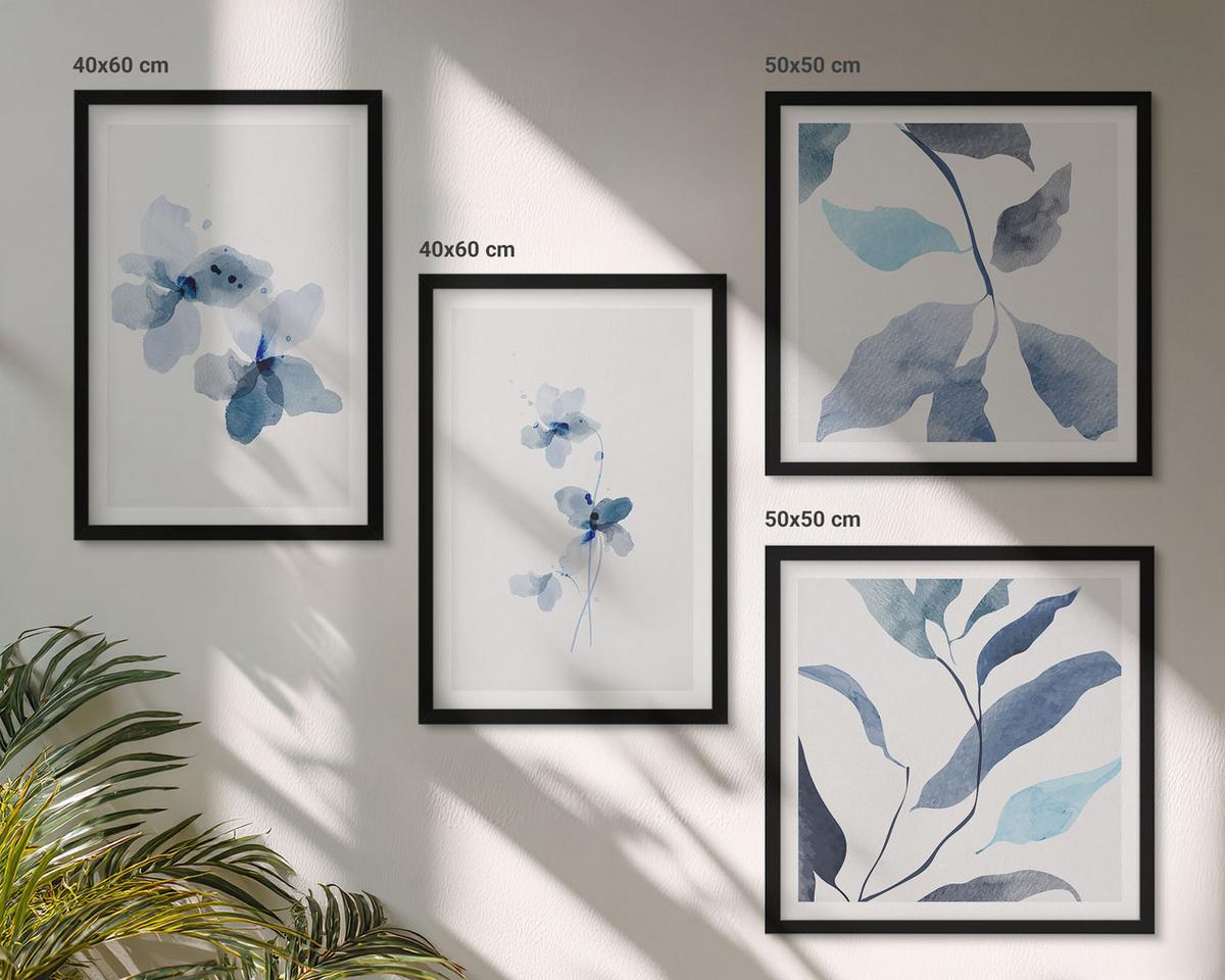 BILDER SET 4er Set - 50x50 cm & 40x60 cm Schwarzer Rahmen - Minimalistische blaue Blumen - Schwarz, Kunststoff (50/50cm) - TULUP