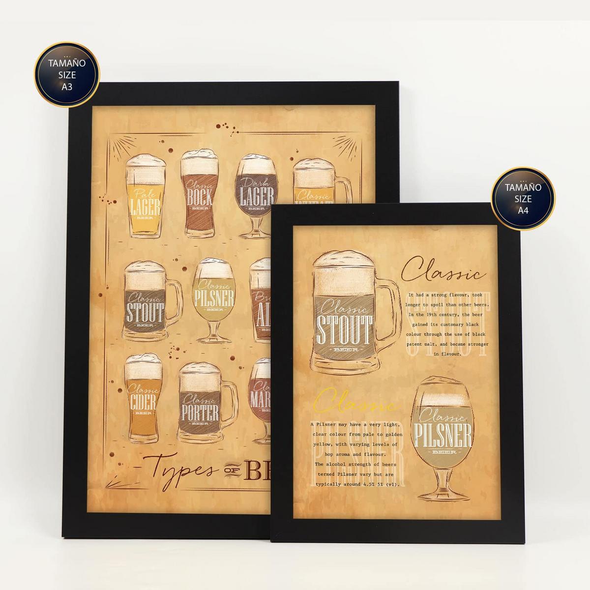 POSTER Set Mit 6 Biersorten Braun Vollfarbige Illustrationen Von Kaffee & Getränken Im Werbetafel Illustrationen Für & Heim A3 & A4 Schwarzer Rahmen - Schwarz, Papier (29/3cm) - Nacnic