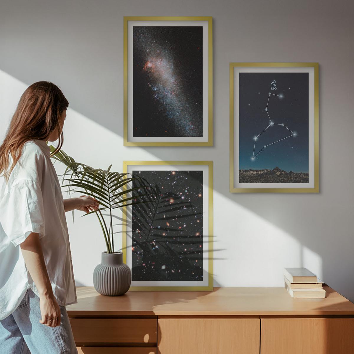 BILDER SET 3er Set - 40x60 cm Goldrahmen - Galaxie im Sternbild Löwe - Goldfarben, Kunststoff (40/60cm) - TULUP