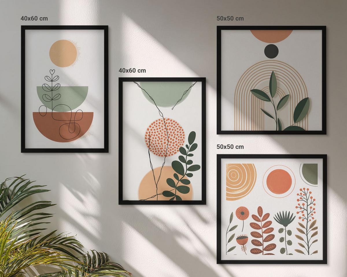 BILDER SET 4er Set - 50x50 cm & 40x60 cm Schwarzer Rahmen - Abstrakte Pflanzenformen - Schwarz, Kunststoff (50/50cm) - TULUP