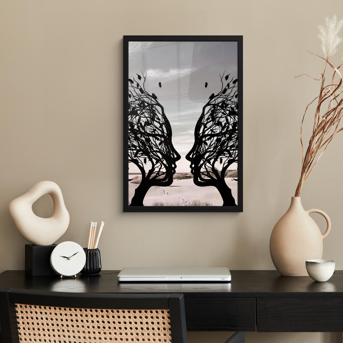 POSTER MIT RAHMEN Strand - Meer - Menschen - Baum - Moderne Kunst Bilder mit Rahmen 40x60 cm - Hellgrau, Papier (40/60cm) - MuchoWow