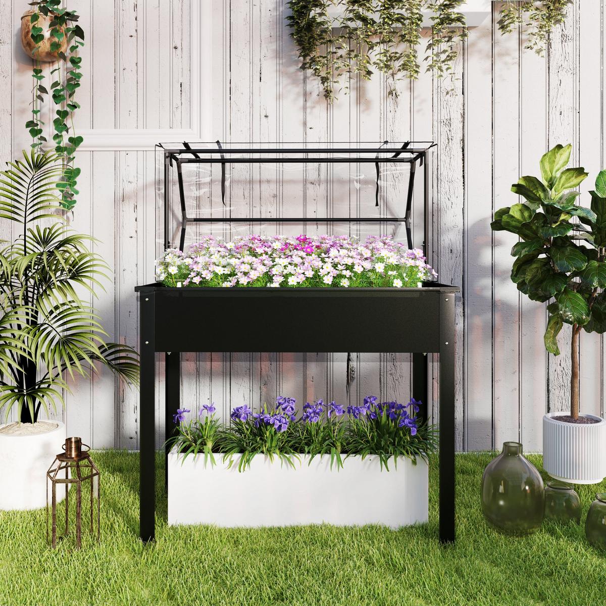 HOCHBEET mit Abdeckung - Schwarz, Metall (48/124/100cm) - Outsunny