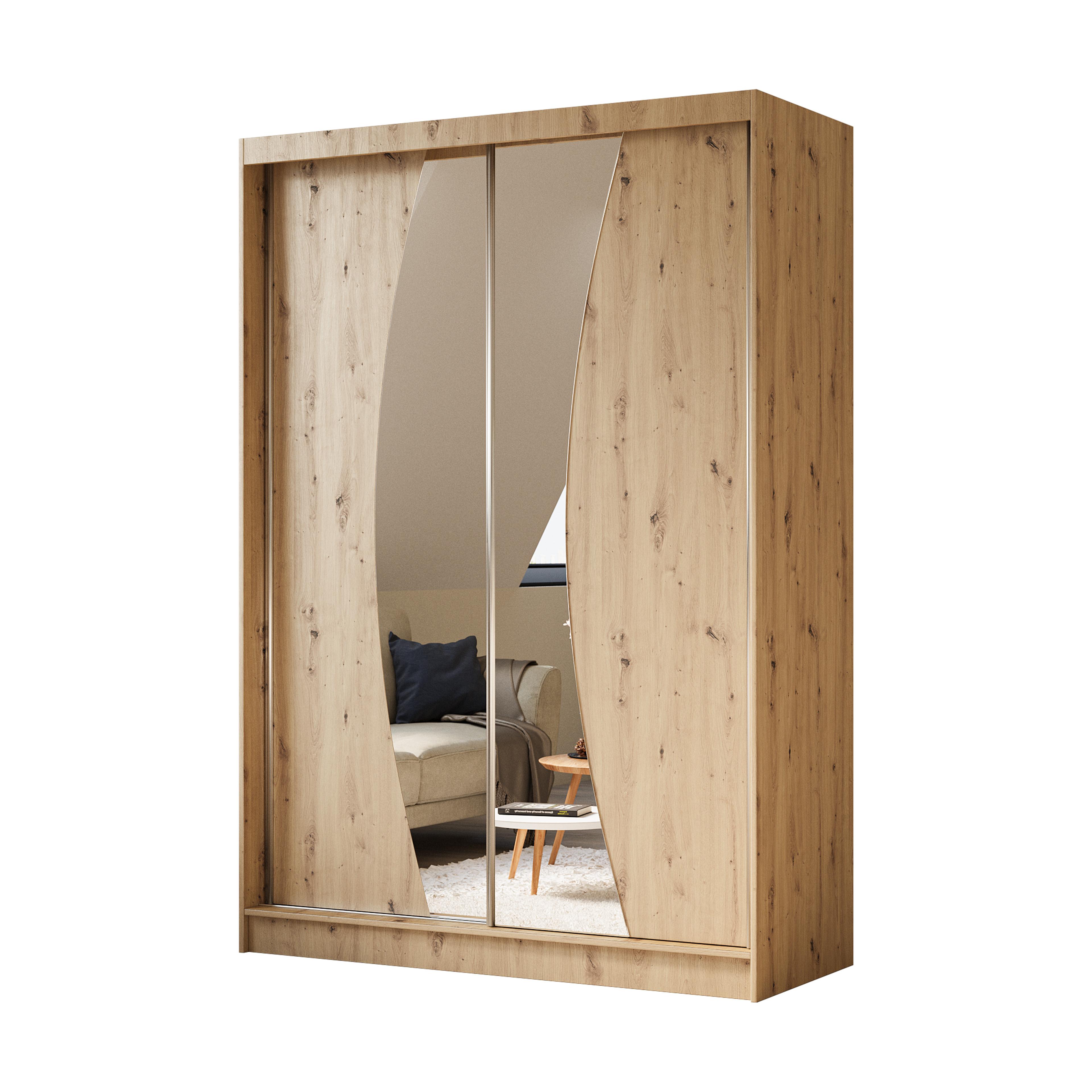 KLEIDERSCHRANK mit Spiegel-Schiebetüren und Aluminium-Leisten - VOXI - 150 cm Eiche Artisan - Eiche Artisan, Holzwerkstoff (150/216/61cm) - ALTDECOR