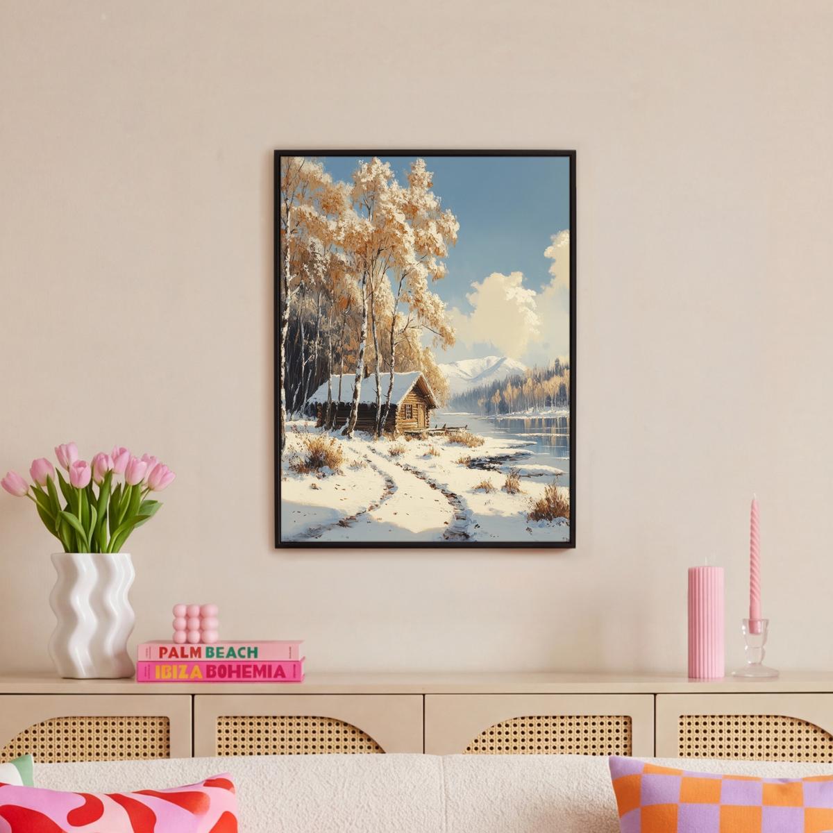 LEINWAND Bilder mit Rahmen - Winter - Schnee - Zuhause - Natur - 50x70 - Hellbraun, Textil (50/70cm) - MuchoWow