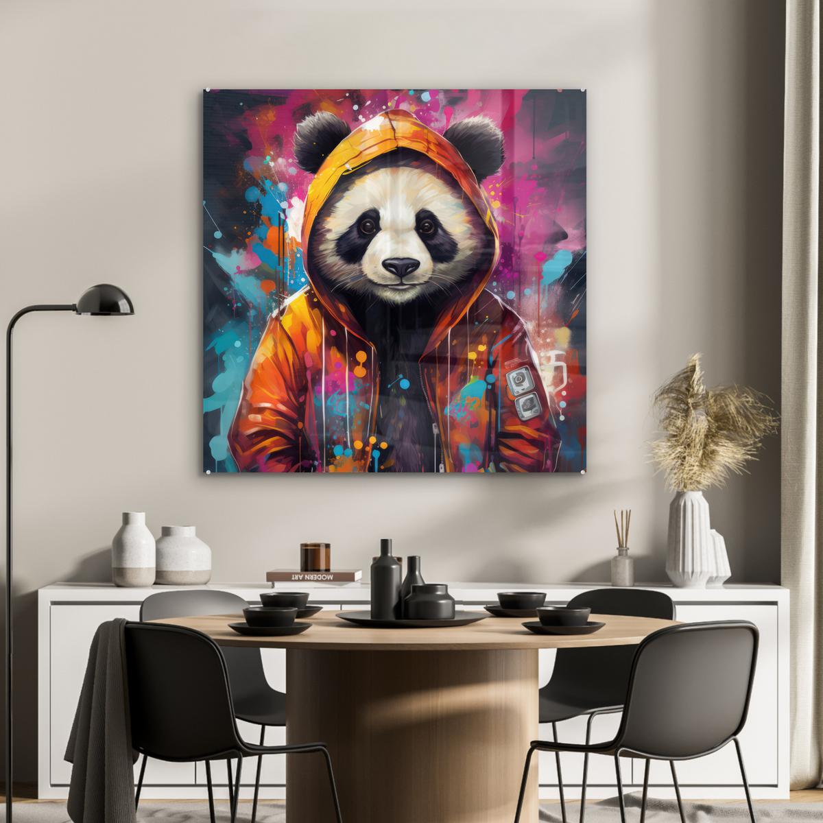 ACRYLGLASBILD Panda - Jacke - Graffiti - Orange 90x90 cm - Orange, Glas (90/90cm) - MuchoWow
