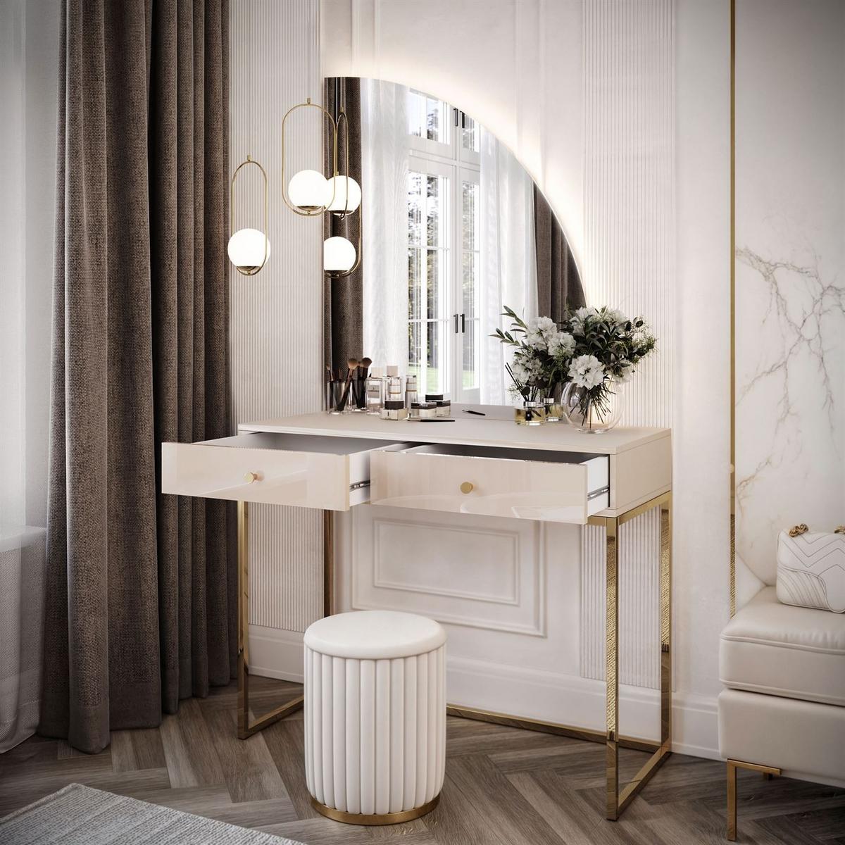 SCHMINKTISCH QUINNIE KASCHMIR mit LED-Spiegel gold Chrom rechts gold Griff - Kaschmir/Goldfarben, Holzwerkstoff (100/175/42cm) - Lookway