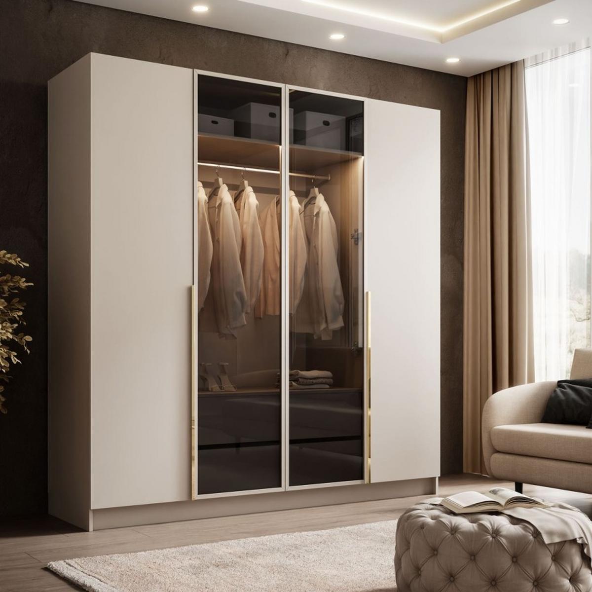 VIERTÜRIGER Schrank ATRIUM II mit Glasfront - Kaschmir, Holzwerkstoff (200/210/57cm) - Lookway