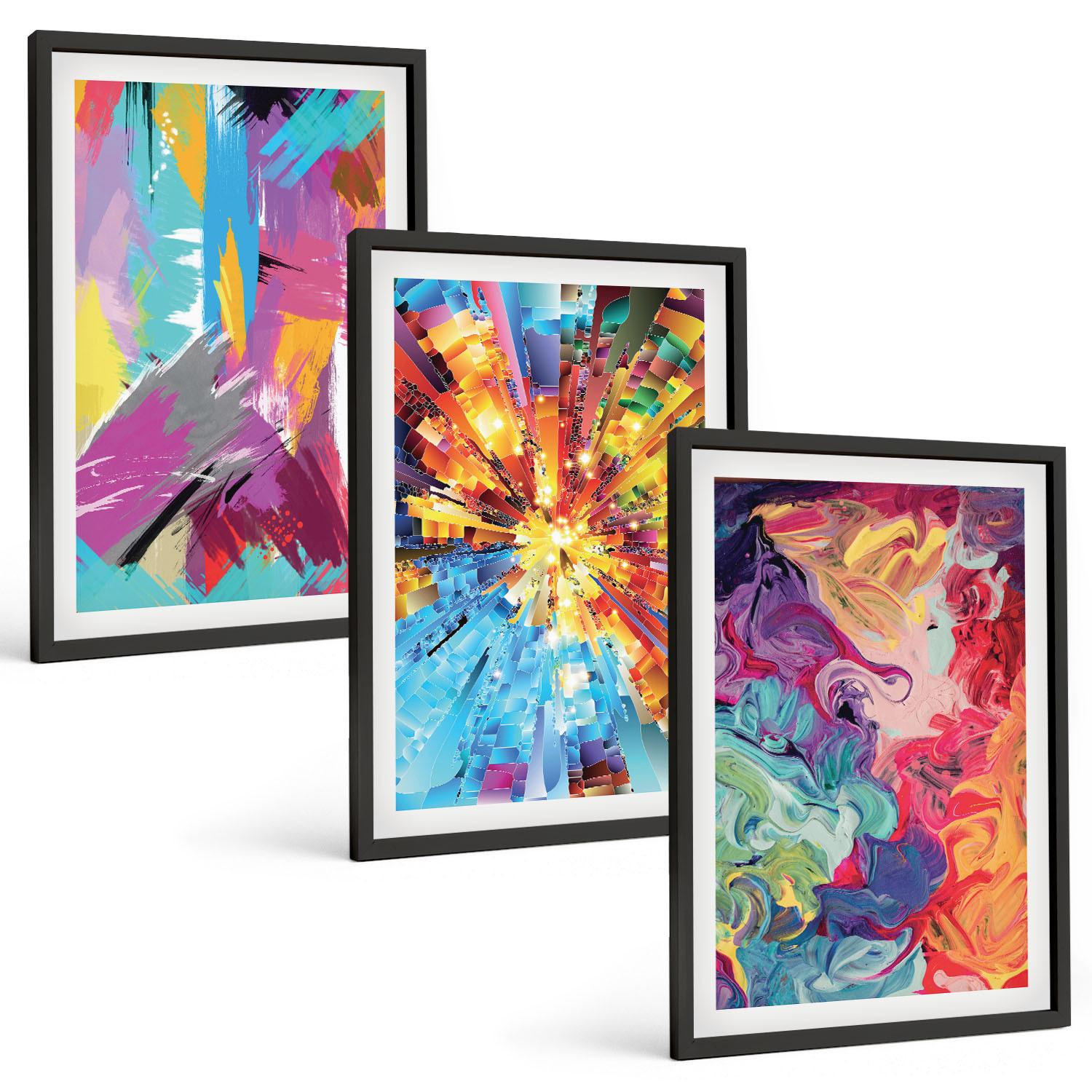 BILDER SET 3er Set - 40x60 cm Schwarzer Rahmen - Bunte abstrakte Farbmuster - Schwarz, Kunststoff (40/60cm) - TULUP