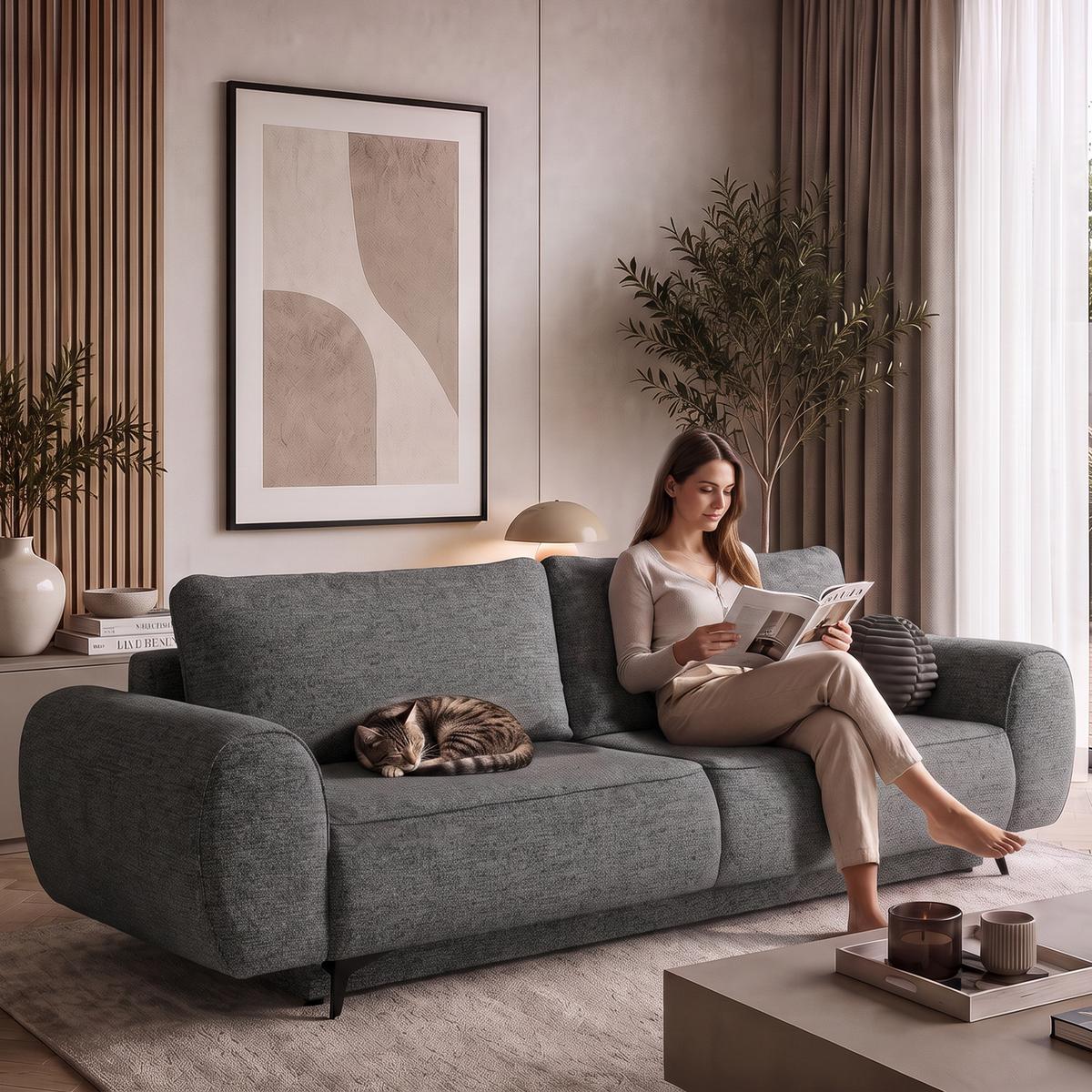 SCHLAFSOFA Vito 3-Sitzer mit Bettkasten, DL-System, Chenille-Stoff, Dunkelgrau - Dunkelgrau/Schwarz, Textil (256/90/99cm) - Beautysofa