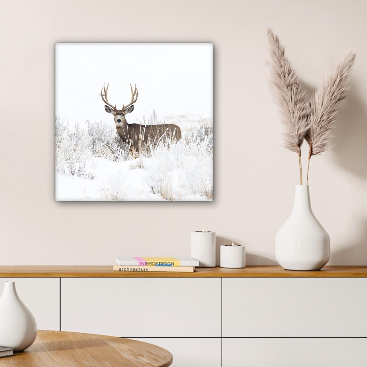 LEINWANDBILD Hirsche - Winter - Schnee - Tiere - Jahreszeiten - Weiß Wandbild Wohnzimmer 50x50 cm - Hellbraun, Textil (50/50cm) - MuchoWow