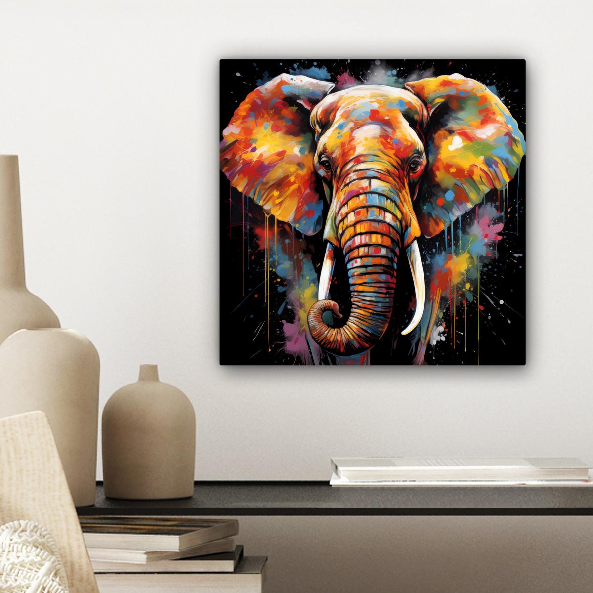 LEINWANDBILD Elefant - Graffiti - Schwarz - Tiere - Farben Deko Wohnzimmer 20x20 cm - Schwarz, Textil (20/20cm) - MuchoWow